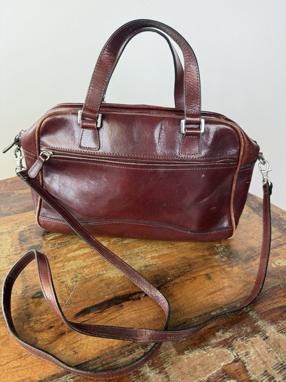 Pelle Studio Italian Leather Satchel Brown Crossbody Bowling Bag Carryall Purse